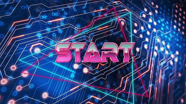 Upon neon nodes pulsing on boards, pink START text emerging triangles drawing for dynamic countdown