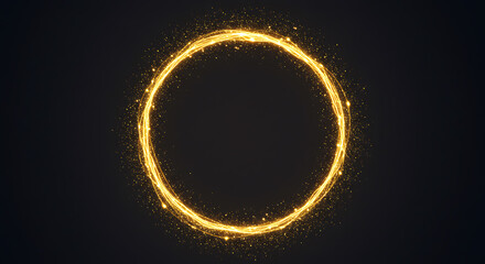 Fototapeta premium Elegant Golden Glowing Circle Frame with Sparkling Particles. Luminous Round Border on Dark Background. Abstract Light Ring.
