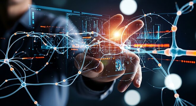 Neural network visualization concept. Hand interacts with a complex holographic web of neurons, showing the data flow in a deep learning model.