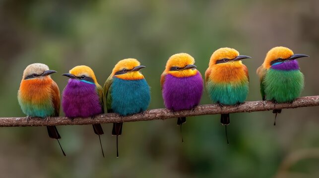 Spectacular Rainbow Birds on a Branch