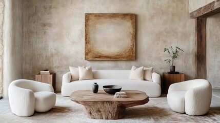 Modern Interior Design With Rustic Wood Coffee Table And Textured Walls