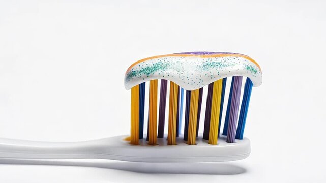 Toothbrush with colorful bristles and toothpaste on a white background