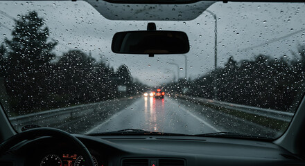 Rainy weather driving: View from inside car through wet windshield with raindrops, blurred road and vehicles ahead on a dark day