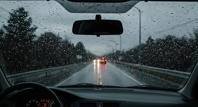Rainy weather driving: View from inside car through wet windshield with raindrops, blurred road and vehicles ahead on a dark day - Powered by Adobe