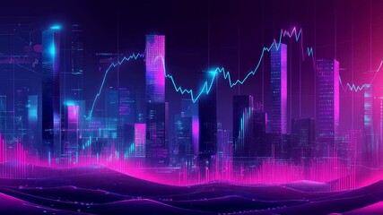 Neon Cityscape Financial Chart, A Futuristic View of Market Trends and Data Analysis - Powered by Adobe