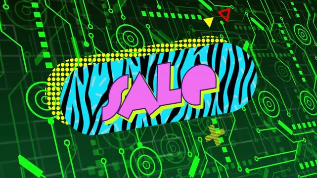Fading striped oval starting dot arc, sliding triangles, SALE letters moving right promoting sale