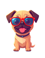 Naklejka premium Cute baby brown cartoon Pug dog standing and wearing red sunglasses isolated on Transparent Background.