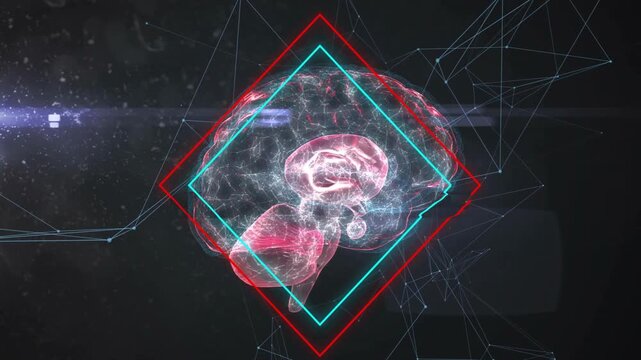 When line arcs across brain rotating bicolor diamonds, spinning brain revealing lobes in wireframe