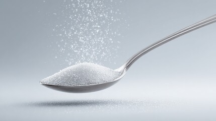 Spoon of granulated sugar scattering down against a soft, blurred light background