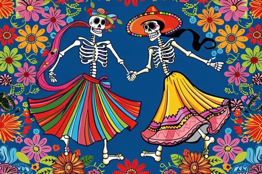 Brightly colored Mexican day of the dead image with two skeletons dancing with a floral background and big hats.