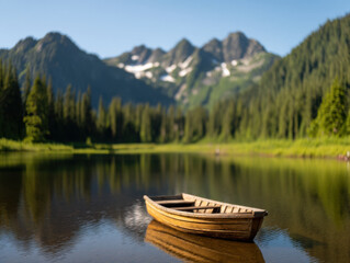 Obraz premium wooden rowboat floats peacefully on a calm lake surrounded by pine trees and towering snow-capped mountains under a clear blue sky.