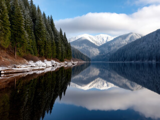 Naklejka premium tranquil lake reflects snow-covered mountains and evergreen forests under a partly cloudy sky, creating a serene winter landscape.