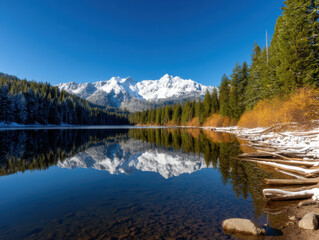 Obraz premium Snow-capped mountains reflect on a serene lake surrounded by evergreen trees under a clear blue sky.