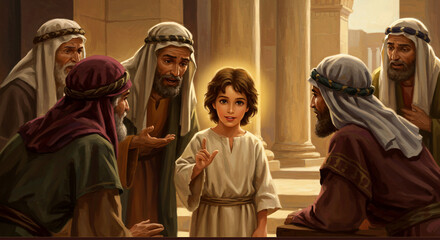 Naklejka premium Young boy speaking to elders in temple with light around him and pillars in the background scene