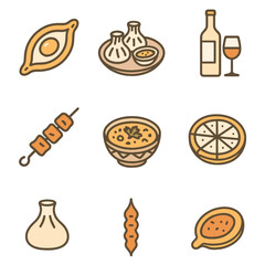 Traditional Georgian Food Icons – Flat Line Style