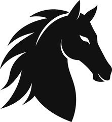 Solid silhouette of a horse head in profile, on white background.