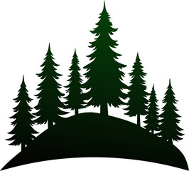 Obraz premium Solid silhouette of a pine tree forest on a hill, on white background.