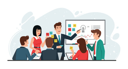 Team brainstorming session illustration, perfect for websites, presentations, or marketing materials related to teamwork, collaboration, and innovation.