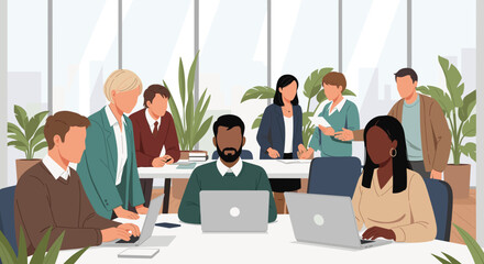 Diverse team collaborating in a modern office, ideal for website banners, presentations, or social media posts showcasing teamwork and inclusivity.