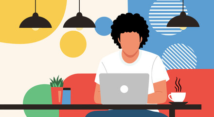 Illustration of a person working on a laptop in a cafe, perfect for blog posts about remote work, freelance life, or coffee shop culture.