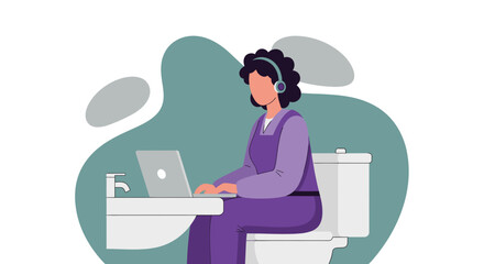 Illustration of a person working on a laptop while sitting on a toilet, perfect for social media posts about remote work or work-life balance.