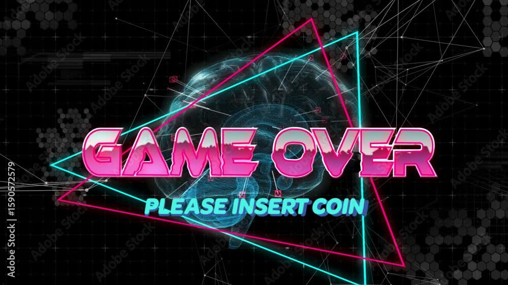 Poster brain hologram fading over grid rotating triangles and sweeping game over text urging insert coin
