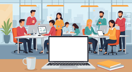 Modern office workspace illustration perfect for website banners, presentations, or marketing materials. Shows a collaborative team working together.