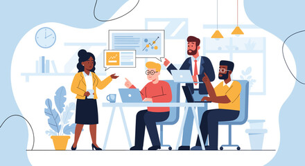 Diverse team collaborating on project, ideal for website banners, presentations, or social media posts illustrating teamwork and success.
