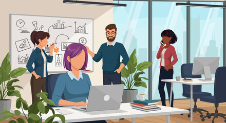 Illustrative image of a diverse team collaborating in a modern office, perfect for website banners, presentations, or marketing materials.