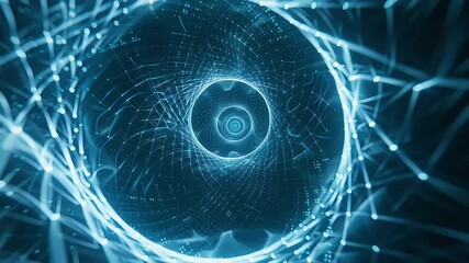 Explore a mesmerizing blue tunnel featuring glowing strands and intricate network connections. - Powered by Adobe