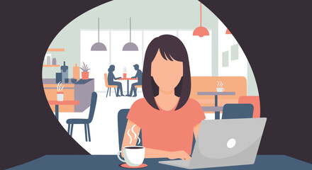 Woman working on laptop in a cafe, perfect for blog posts about remote work, freelancing, or coffee shop culture.