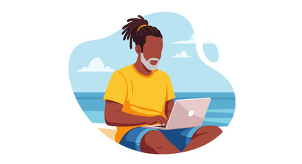 Man working on laptop at the beach; perfect for illustrating remote work, digital nomad lifestyle, or summer vacation themes on websites, blogs, or social media.