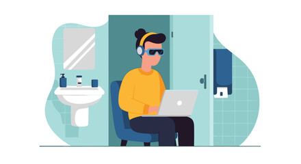 Person working on laptop in a bathroom.  Perfect for articles on work-life balance, remote work challenges, or humorous illustrations.