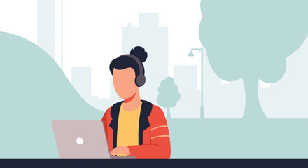 Person working on laptop in park, ideal for blog posts about remote work, freelance life, or outdoor productivity.