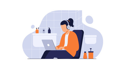 Woman working on laptop in bathroom, perfect for blog posts about remote work, work-life balance, or unusual workspaces.