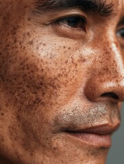 Fototapeta premium Latin male skin with scattered dark spots on the surface. Focus only on the texture without seeing the face part. Suitable for products to reduce freckles/melasma/dark spots.