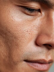 Fototapeta premium Close-up image emphasizing the texture of Asian man's cheek skin, focusing on large pores, suitable for displaying in cosmetic products that directly target the pore problem group.