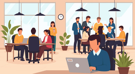 Modern office workspace illustration, ideal for websites, presentations, and marketing materials showcasing teamwork and collaboration.