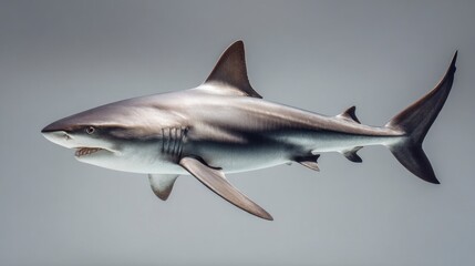 Fototapeta premium Silver shark swimming underwater against gray background