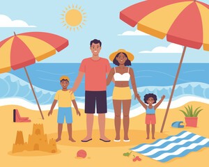 Fototapeta premium Summer Beach Vector with Family Fun Sandcastles and Ocean View 