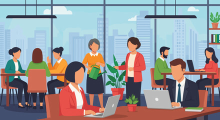 Modern office teamwork illustration, perfect for website banners, presentations, or social media posts about collaboration and productivity.