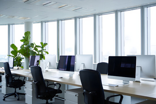 Modern office interior with computers and plants desks - Powered by Adobe