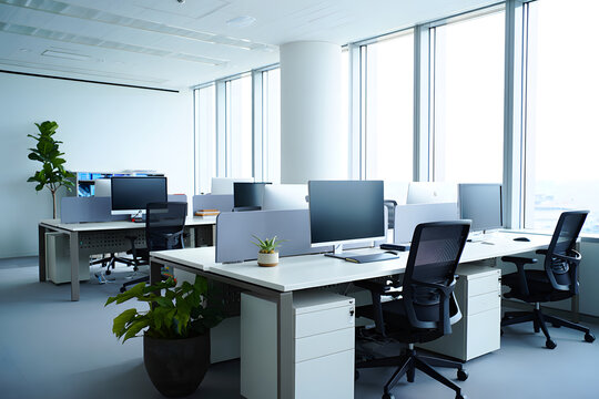 Modern office workstations with large windows and plants computers chairs