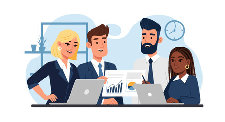 Diverse business team collaborating on project, ideal for website banners, presentations, or social media posts.