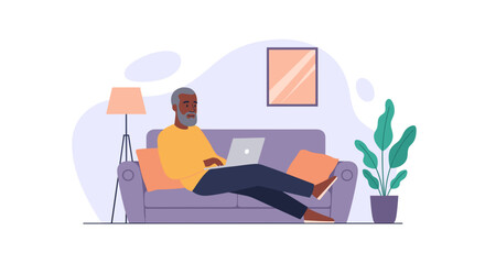 Relaxed senior man using laptop on sofa, perfect for websites promoting retirement, technology for seniors, or comfortable living.