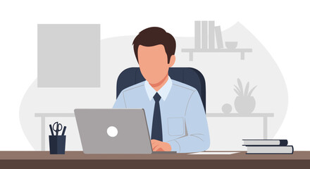Illustration of faceless businessman working on laptop, ideal for website banners, presentations, or blog posts on remote work, productivity, or office life.