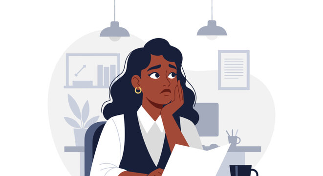 Illustration of a thoughtful businesswoman reviewing documents; ideal for articles on workplace stress, productivity, or leadership challenges.