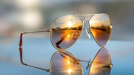 Golden aviator sunglasses reflecting sunset landscape on a shiny surface