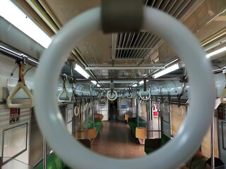 Inside the train . View from upper hand rail