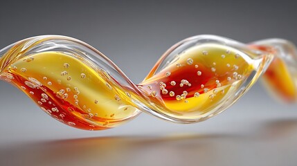 Swirling, transparent liquid with amber & red hues, scattered bubbles & light refraction